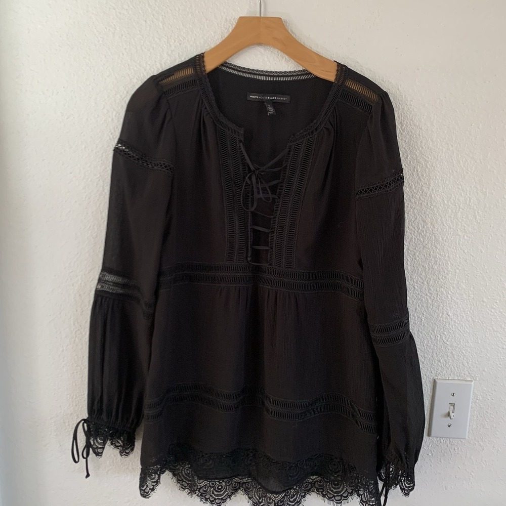 White House Black Market Black Lace Trimmed Boho Peasant Blouse Long Sleeve 6‎